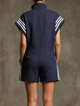 Striped Zip Front Short Sleeve Romper - Trendsi - Flyclothing LLC