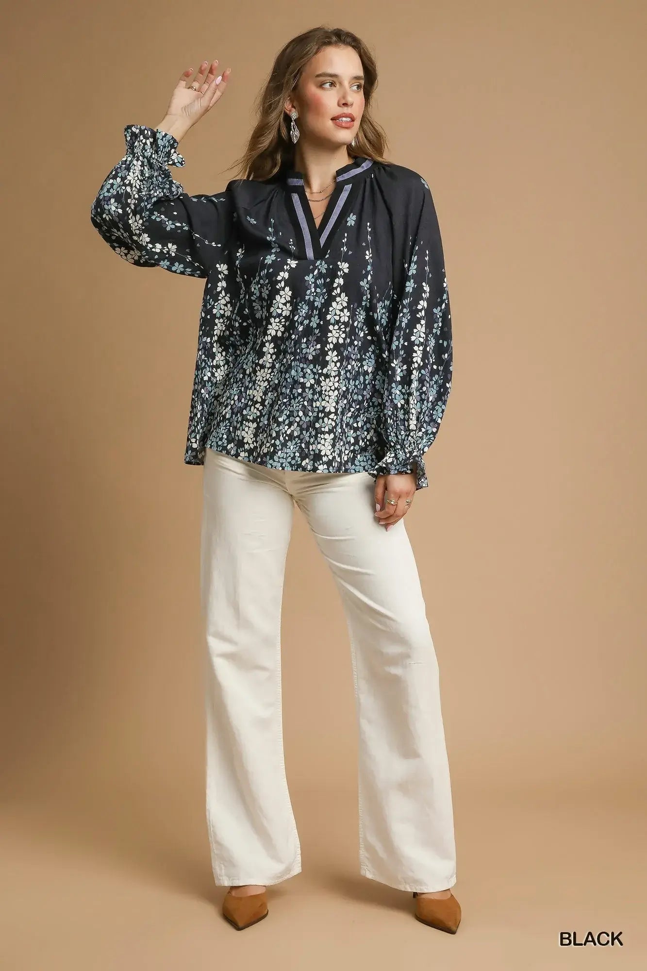 Umgee Full Size Floral Vine Print Blouse with Balloon Sleeves Plus Size - Trendsi - Flyclothing LLC