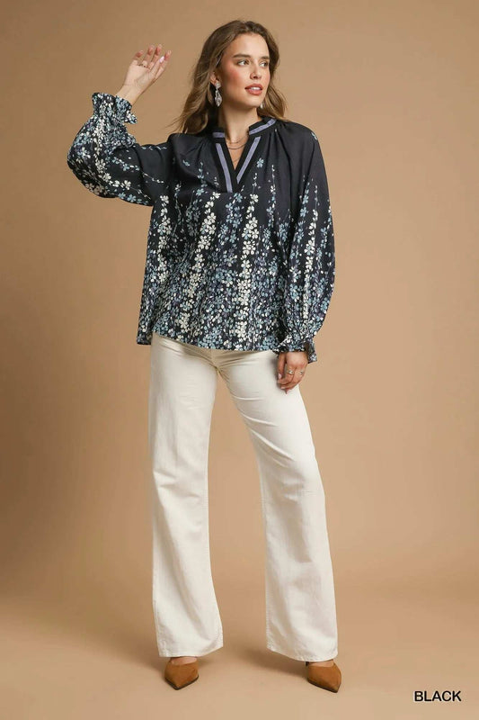 Umgee Full Size Floral Vine Print Blouse with Balloon Sleeves Plus Size - Trendsi - Flyclothing LLC