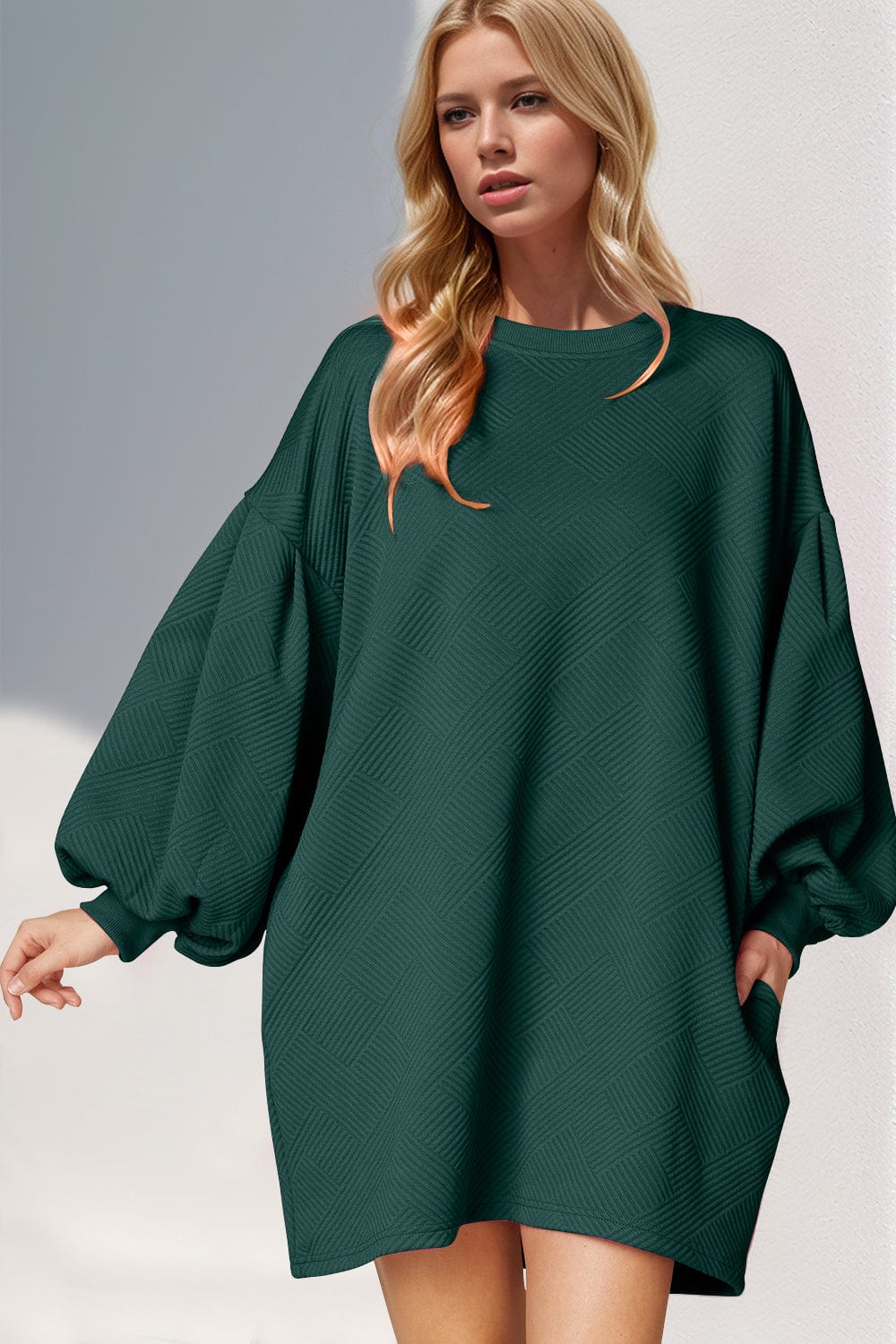 Double Take Drop Shoulder Lantern Sleeve Texture Mini Dress with Pockets - Trendsi