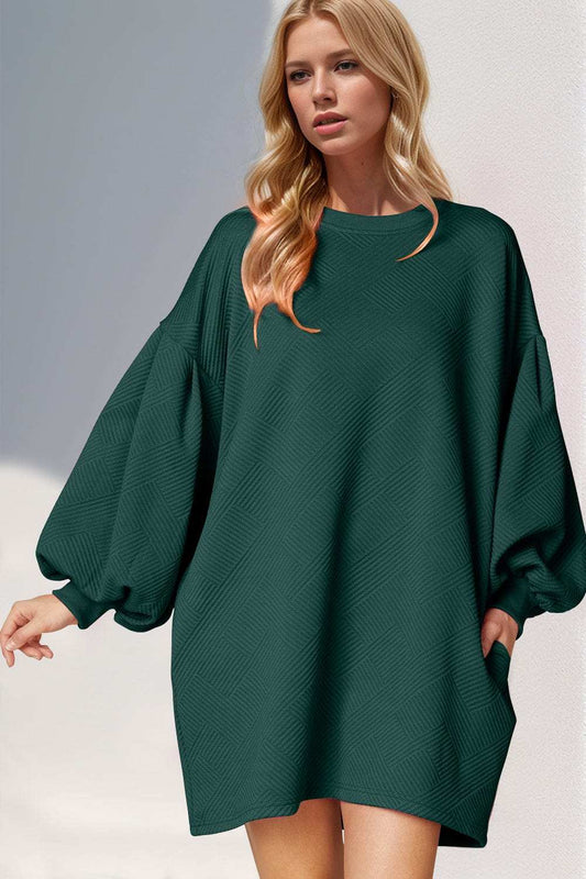 Double Take Drop Shoulder Lantern Sleeve Texture Mini Dress with Pockets - Trendsi - Flyclothing LLC