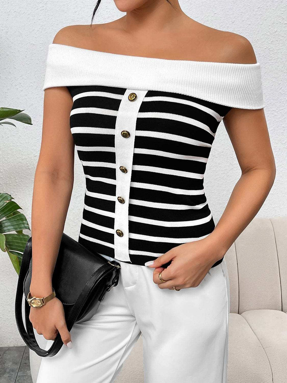 Decorative Button Striped Off-Shoulder Knit Top - Trendsi - Flyclothing LLC