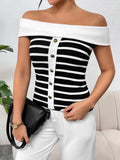 Decorative Button Striped Off-Shoulder Knit Top - Trendsi - Flyclothing LLC