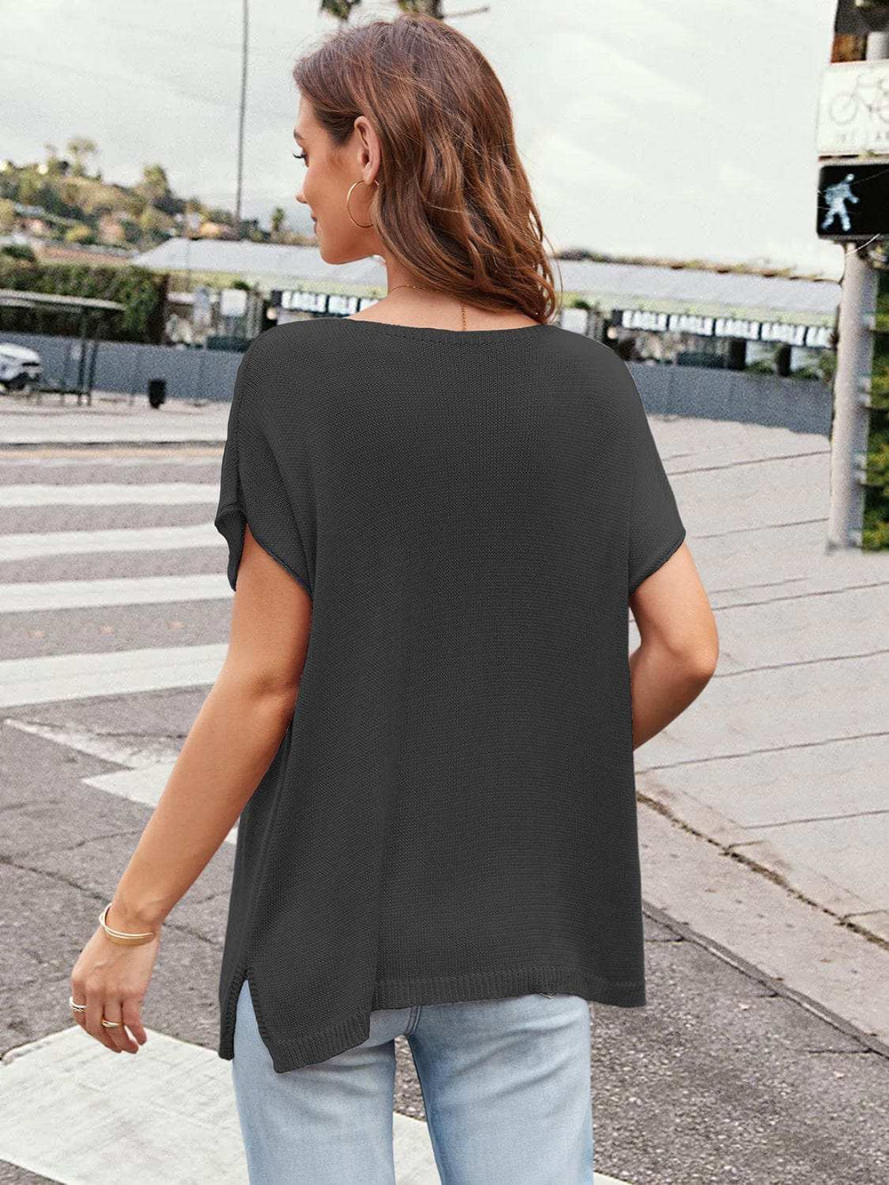 Notched Short Sleeve Knit Top - Trendsi - Flyclothing LLC
