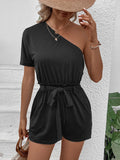 Single Shoulder Tie Waist Romper - Trendsi