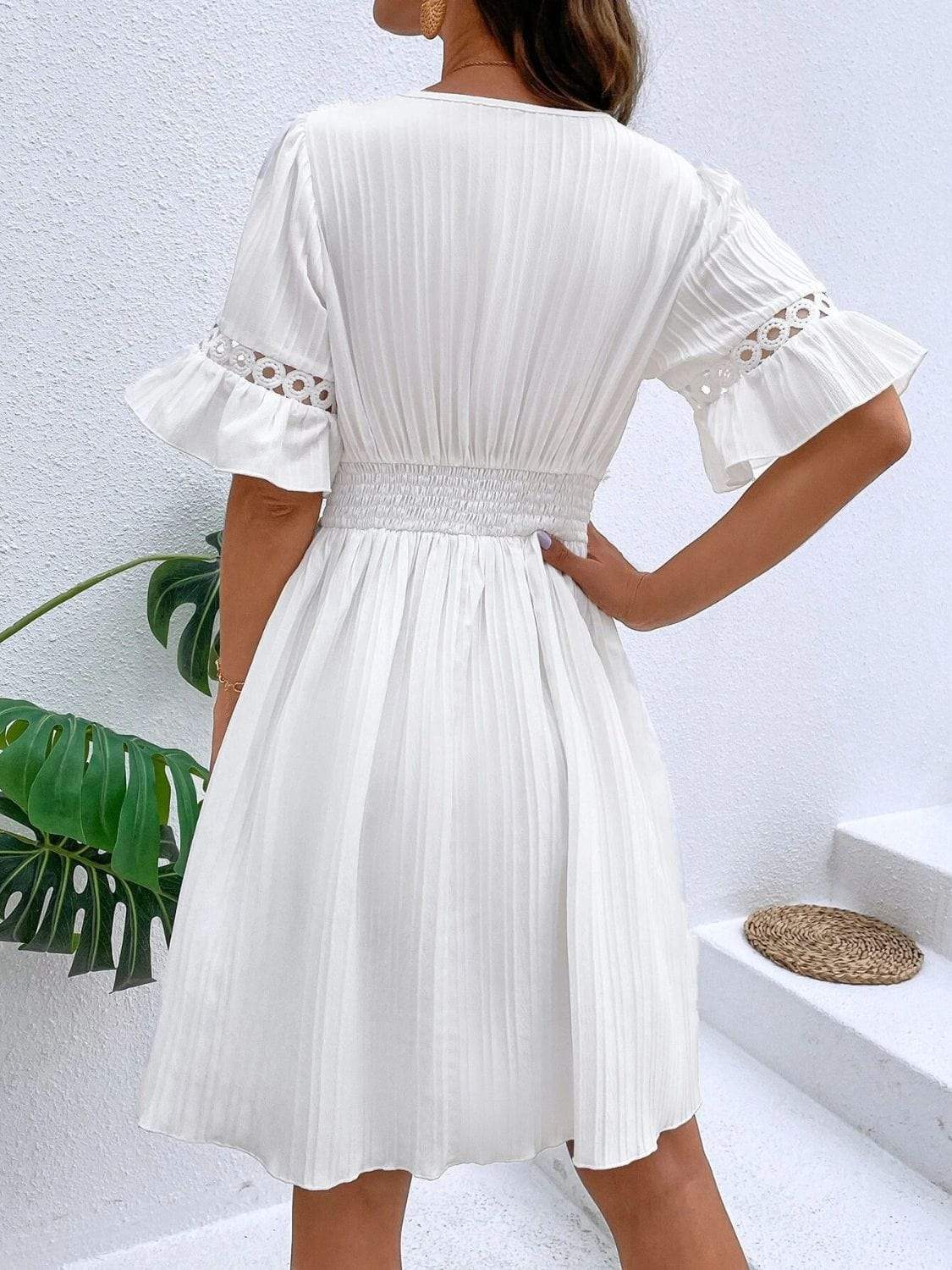 Cutout V-Neck Flounce Sleeve Mini Dress - Trendsi - Flyclothing LLC