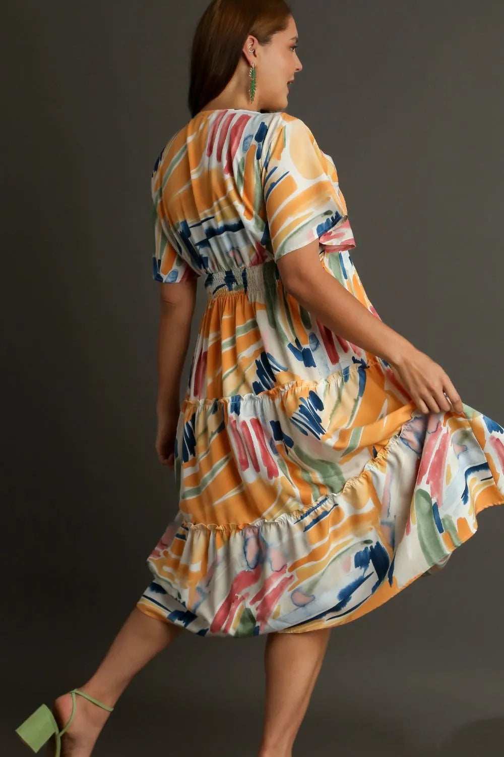 Umgee Full Size Abstract Print Flutter Sleeve Frill Tiered Midi Dress Plus Size - Trendsi - Flyclothing LLC