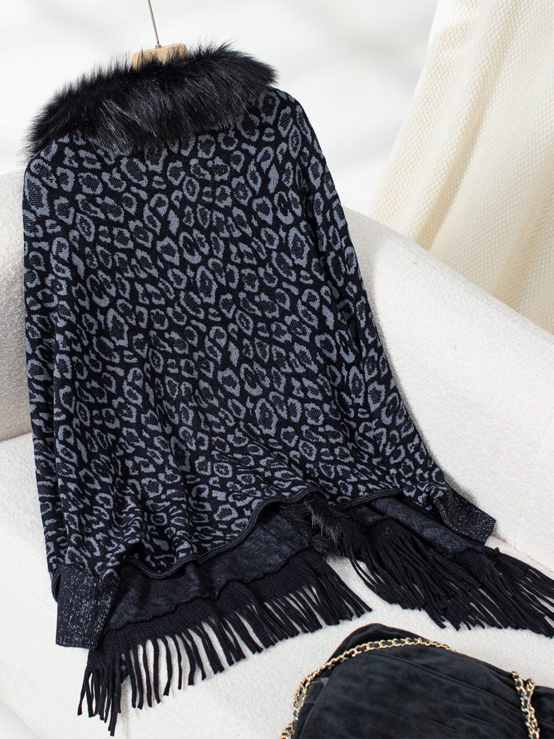 Fringe Leopard Open Front Long Sleeve Poncho - Trendsi