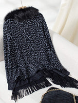 Fringe Leopard Open Front Long Sleeve Poncho - Trendsi - Flyclothing LLC