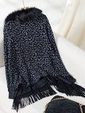 Fringe Leopard Open Front Long Sleeve Poncho - Trendsi