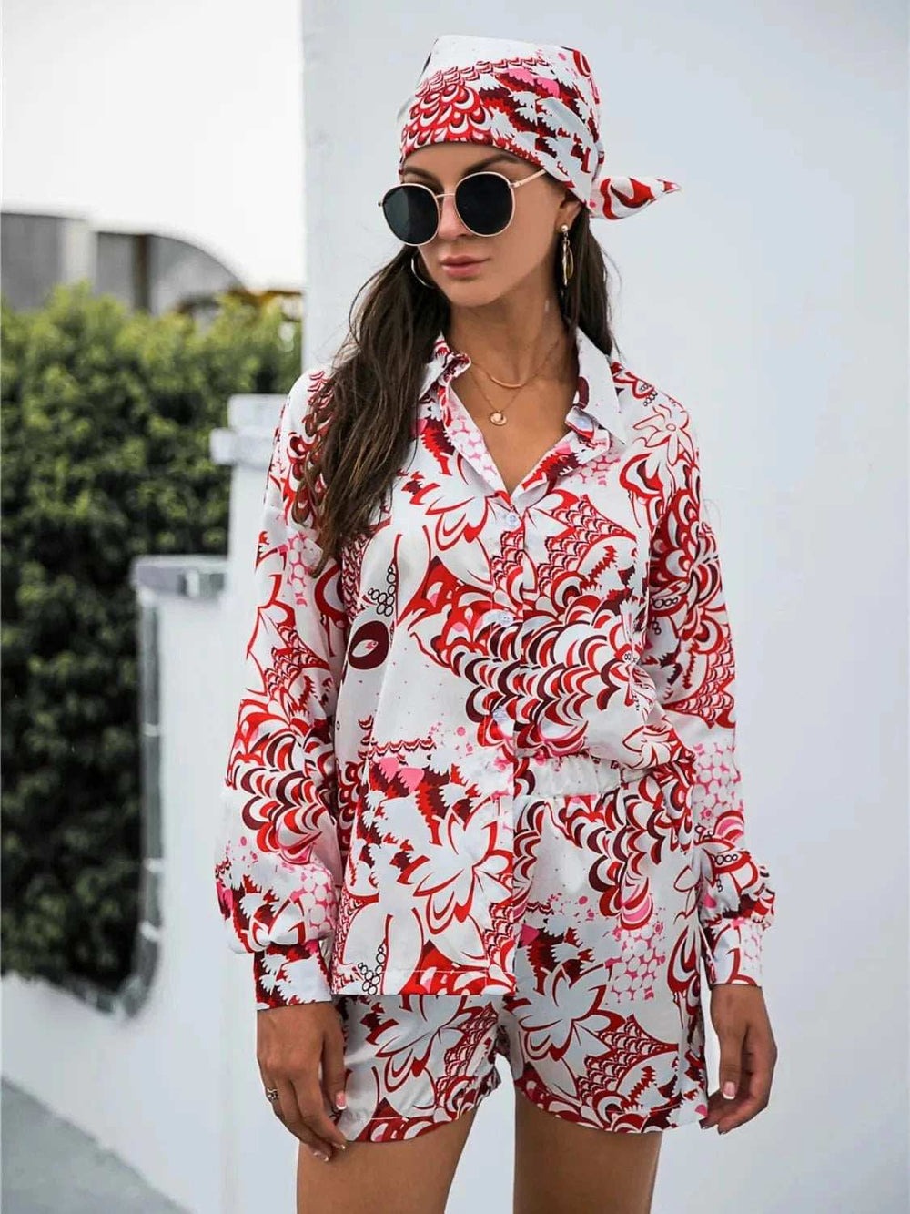 Printed Button Up Long Sleeve Shirt and Shorts Set - Trendsi - Flyclothing LLC