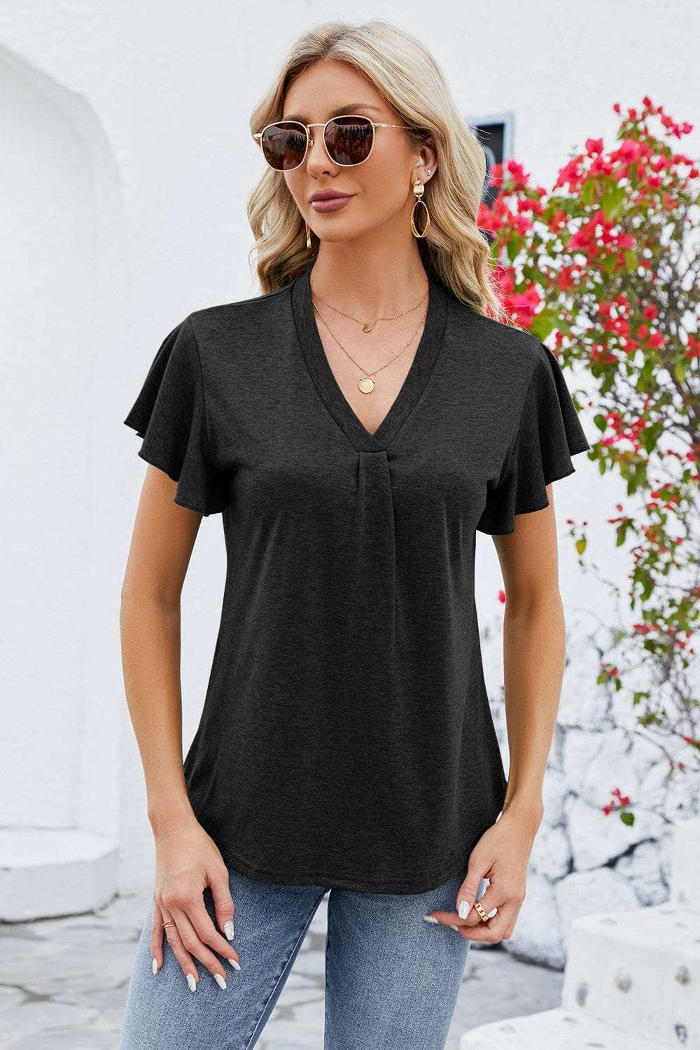 V-Neck Flutter Sleeve T-Shirt - Trendsi - Flyclothing LLC