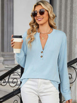 Striped Notched Long Sleeve T-Shirt - Trendsi - Flyclothing LLC