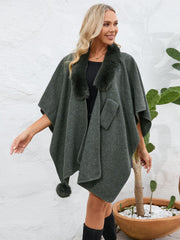 Fuzzy Trim Open Front Poncho - Trendsi