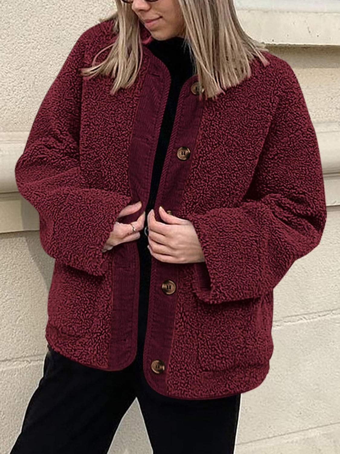 Contrast Button Up Sherpa Jacket with Pockets - Trendsi - Flyclothing LLC
