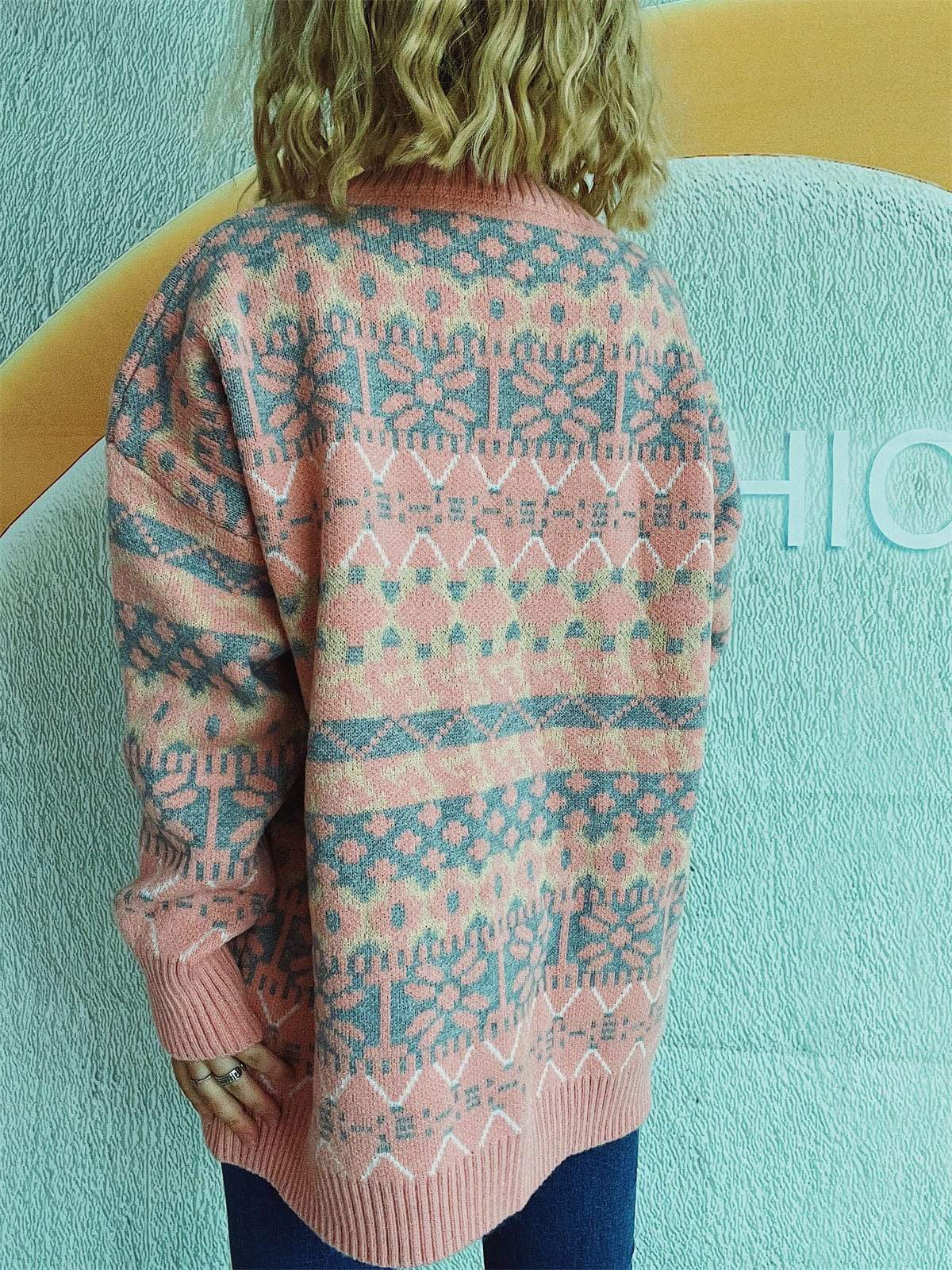 Geometric Round Neck Dropped Shoulder Sweater - Trendsi - Flyclothing LLC