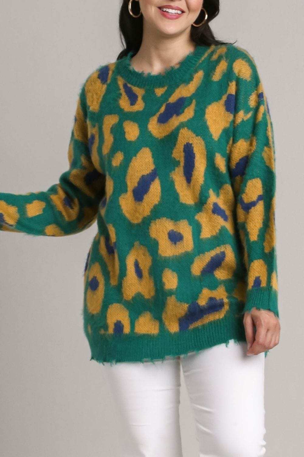 Umgee Full Size Leopard Destroyed Rib Band Sweater Plus Size - Trendsi - Flyclothing LLC