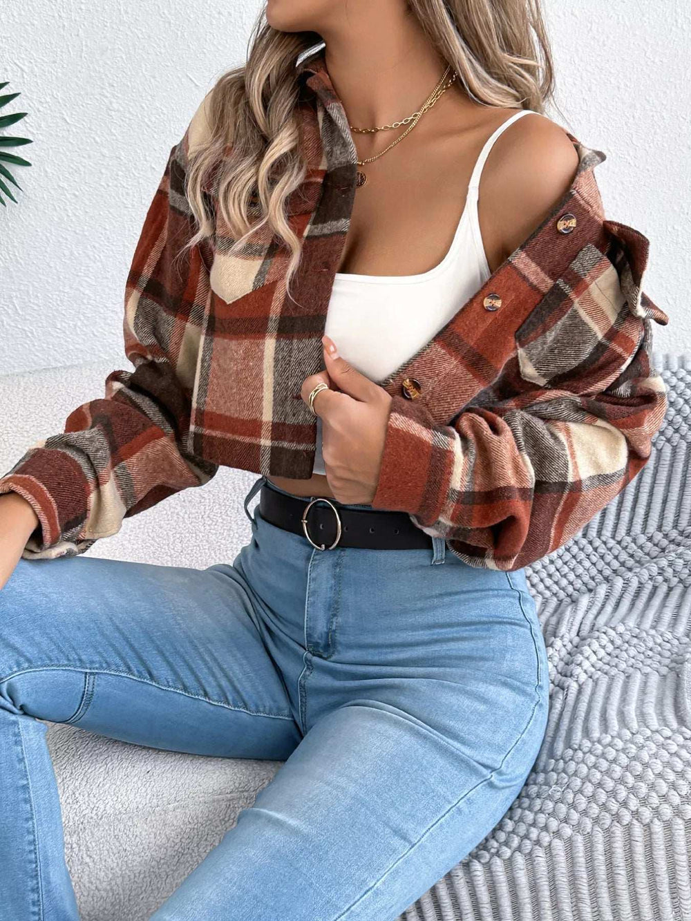 Plaid Button Up Cropped Jacket - Trendsi - Flyclothing LLC