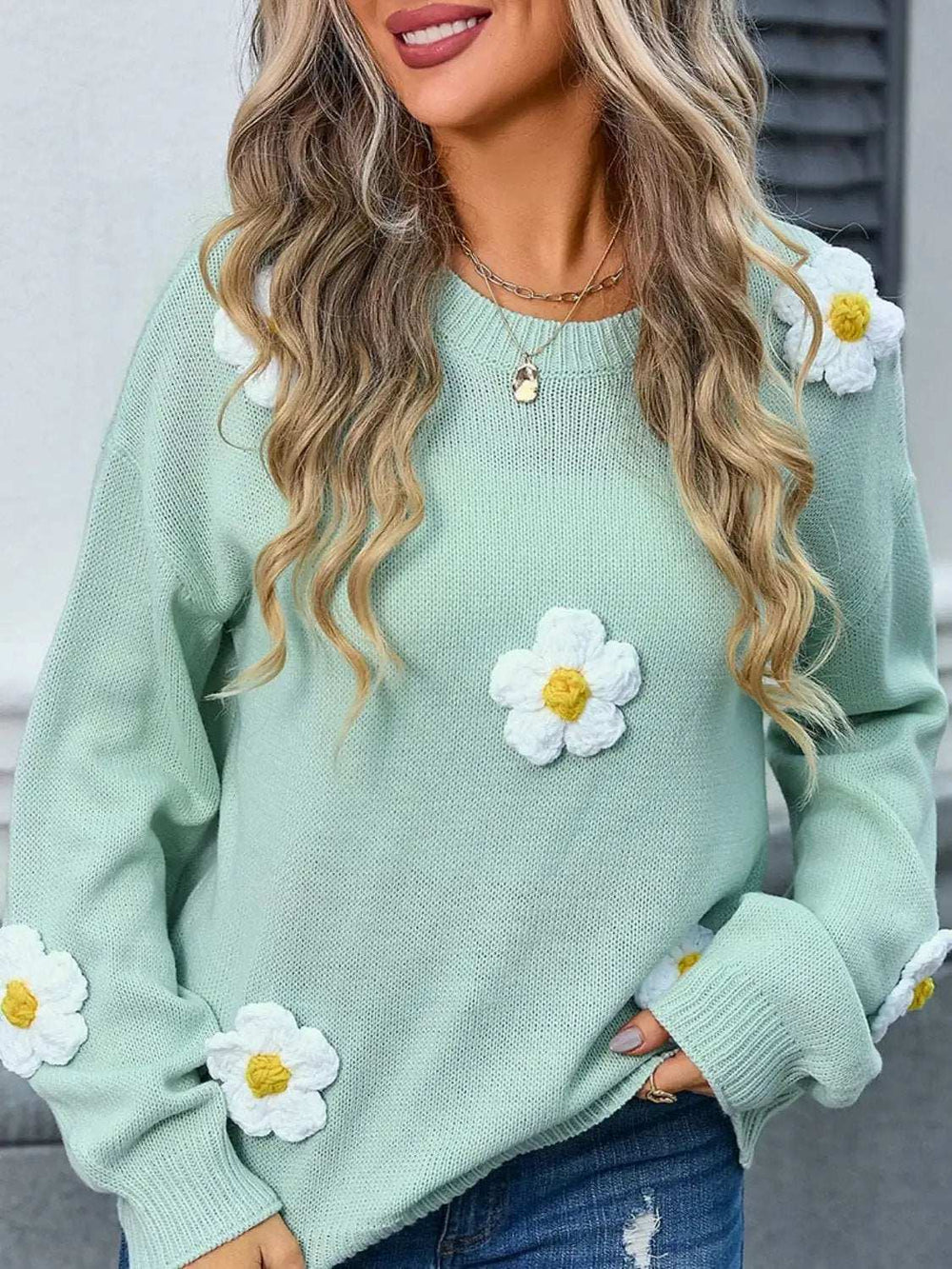 Angel Wings Flower Round Neck Long Sleeve Sweater - Trendsi - Flyclothing LLC