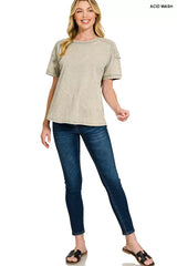 Zenana Acid Washed Round Neck T-shirts - Trendsi - Flyclothing LLC