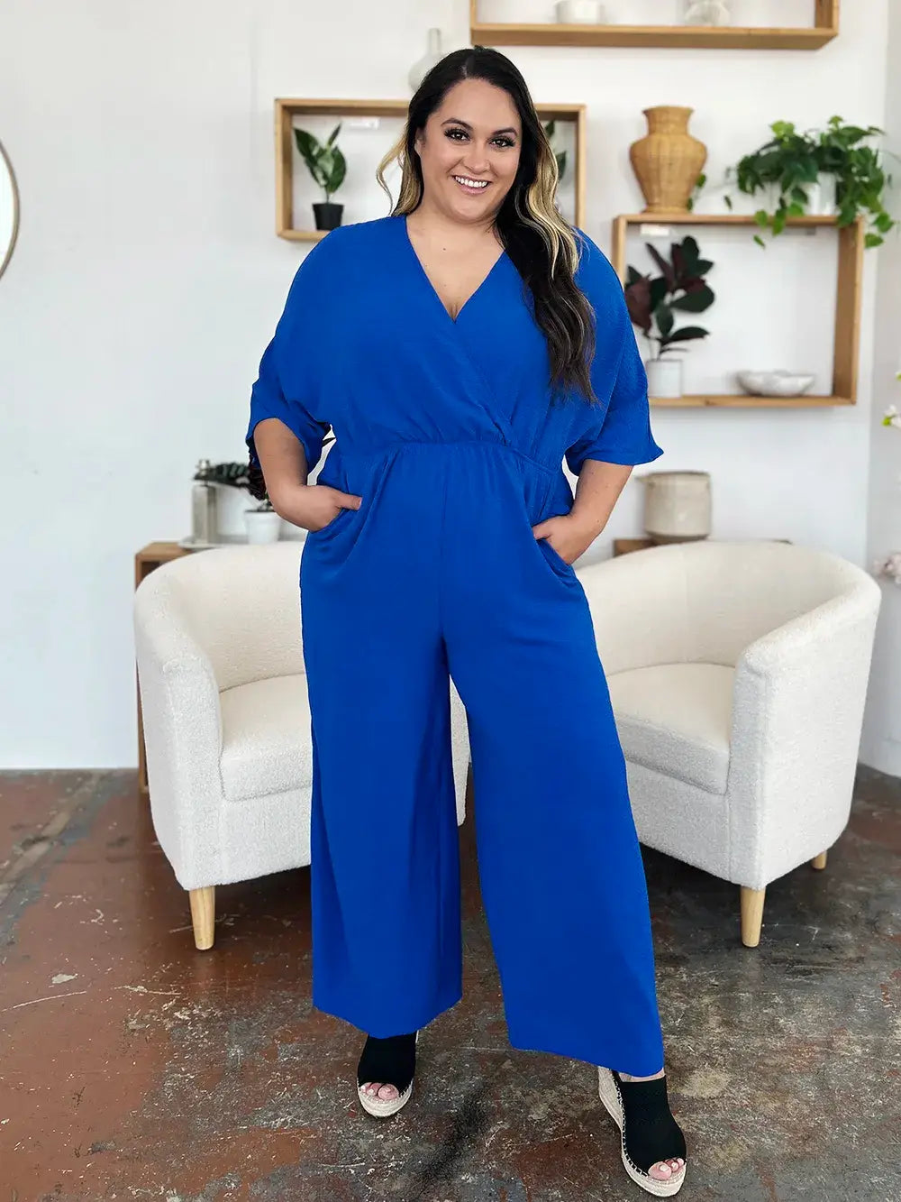 Double Take Full Size Surplice Wide Leg Jumpsuit with Pockets - Trendsi - Flyclothing LLC