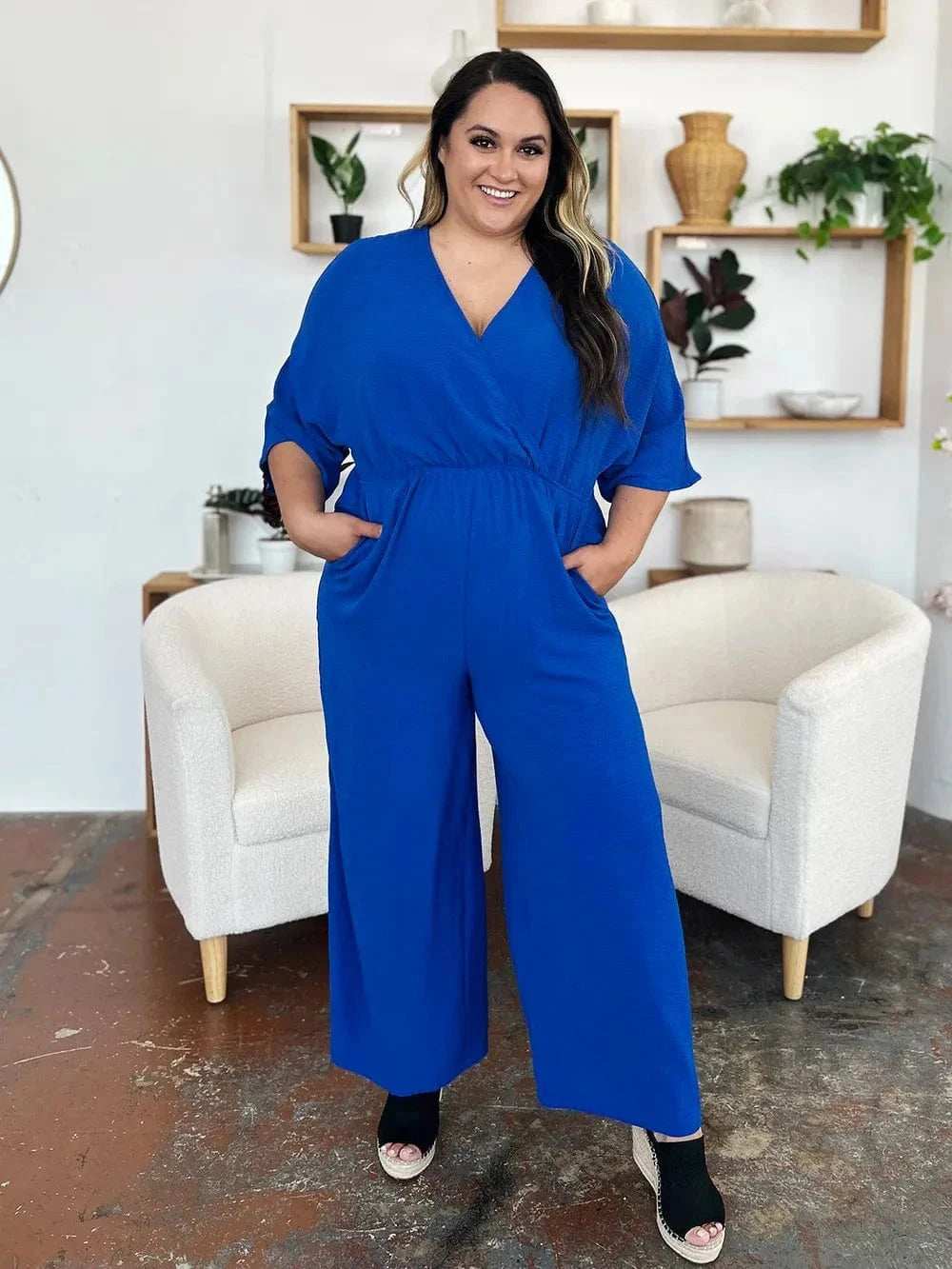 Double Take Full Size Surplice Wide Leg Jumpsuit with Pockets - Trendsi - Flyclothing LLC