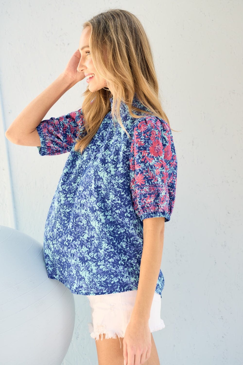 Hailey & Co Embroidered Puff Sleeve Printed Blouse - Trendsi