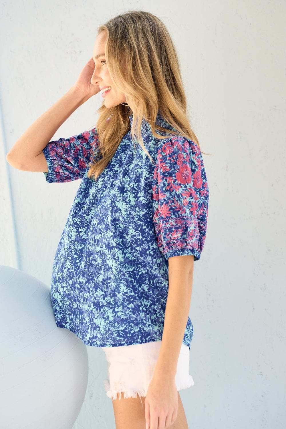Hailey & Co Embroidered Puff Sleeve Printed Blouse - Trendsi - Flyclothing LLC