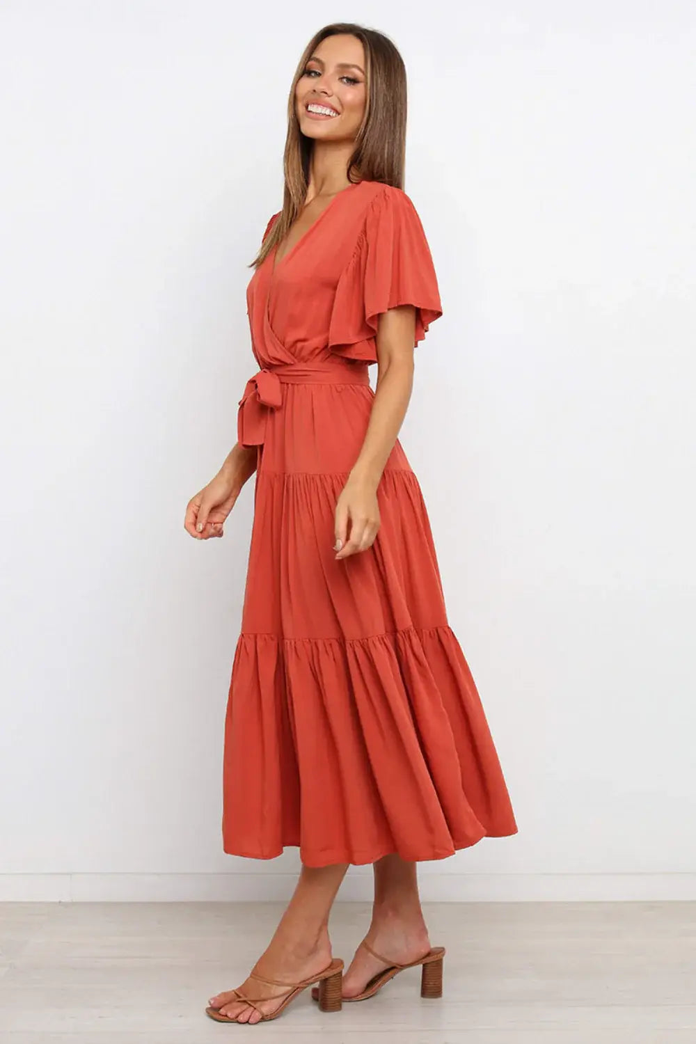Tied Tiered Short Sleeve Midi Dress - Trendsi - Flyclothing LLC