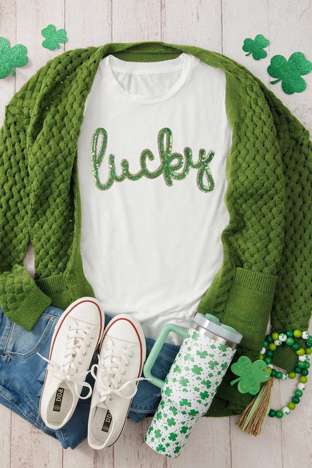 Sequined Lucky St.Patricks Day T-Shirt - Trendsi - Flyclothing LLC