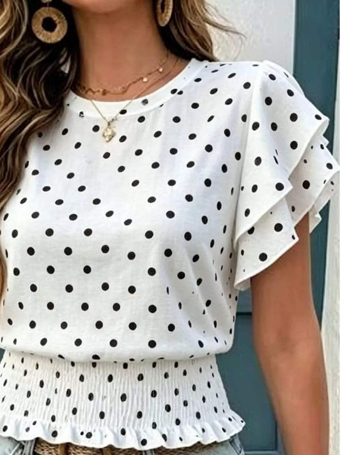 Polka Dot Ruffle Sleeve Blouse - Trendsi - Flyclothing LLC