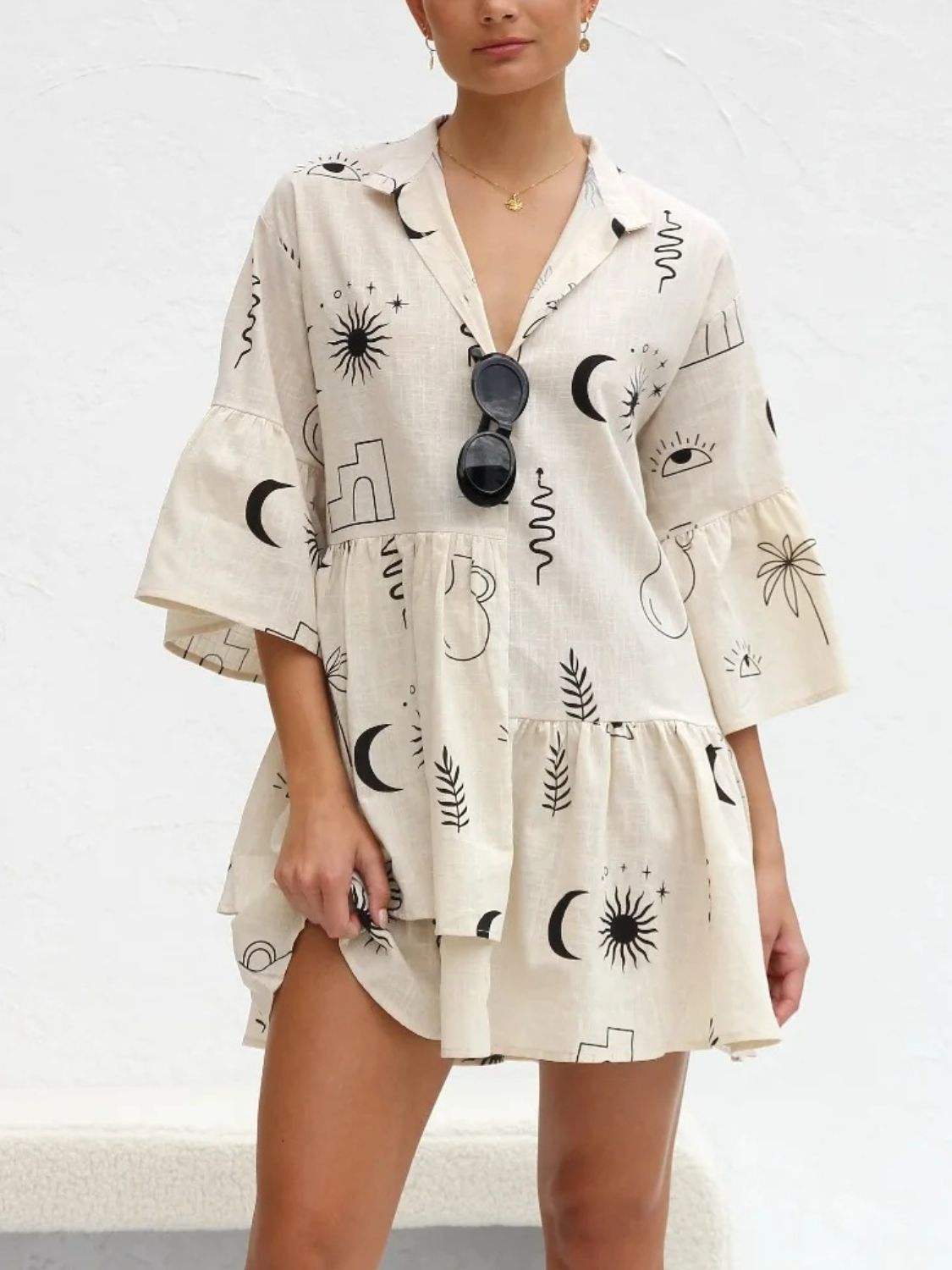 Printed Collared Neck Three-Quarter Sleeve Mini Dress - Trendsi - Flyclothing LLC