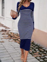 Striped V-Neck Long Sleeve Sweater Dress - Trendsi - Flyclothing LLC