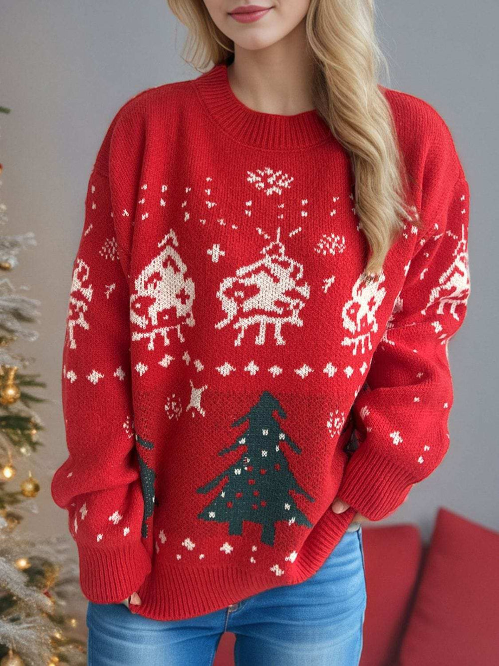 Christmas Element Round Neck Long Sleeve Sweater - Trendsi - Flyclothing LLC