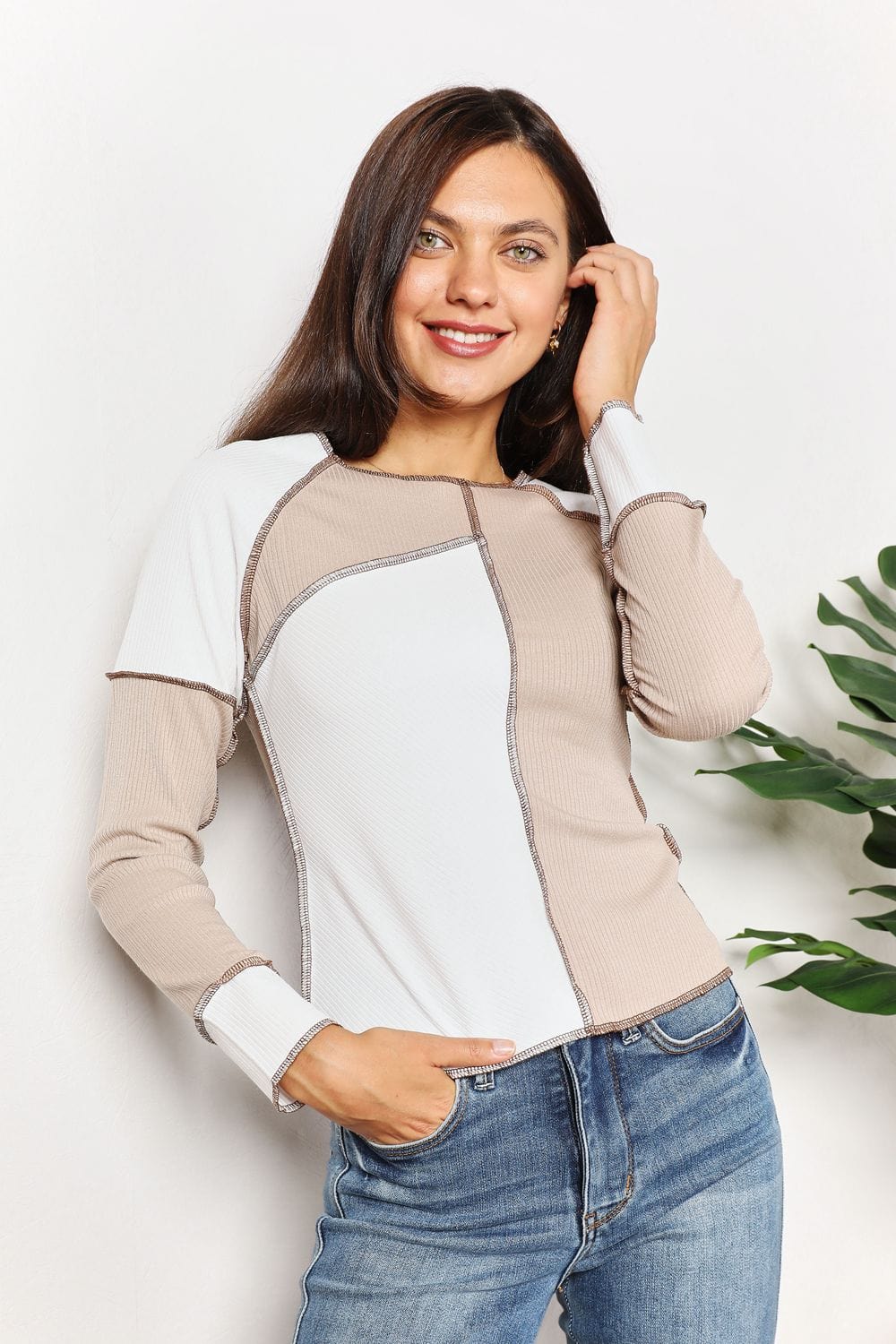 Double Take Color Block Exposed Seam Top - Trendsi