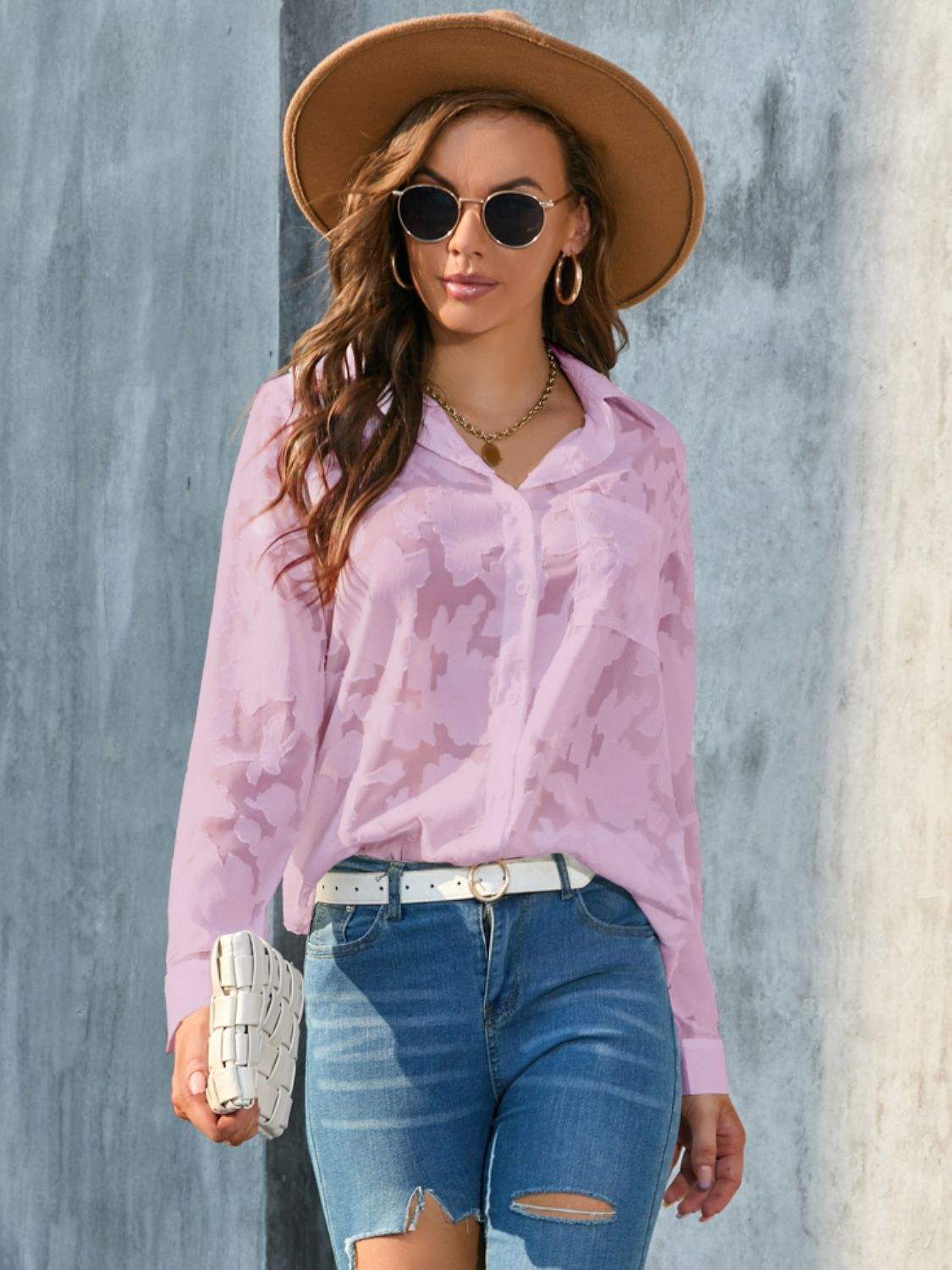 Full Size Collared Neck Long Sleeve Shirt Plus Size - Trendsi - Flyclothing LLC