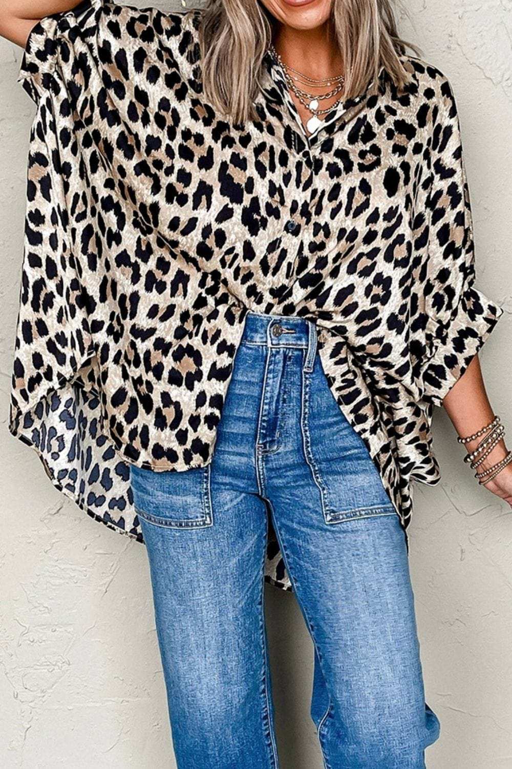 Leopard Print Buttoned 3/4 Sleeve Loose Fit Shirt - Trendsi - Flyclothing LLC