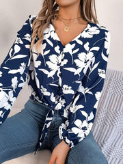Printed V-Neck Long Sleeve Blouse - Trendsi