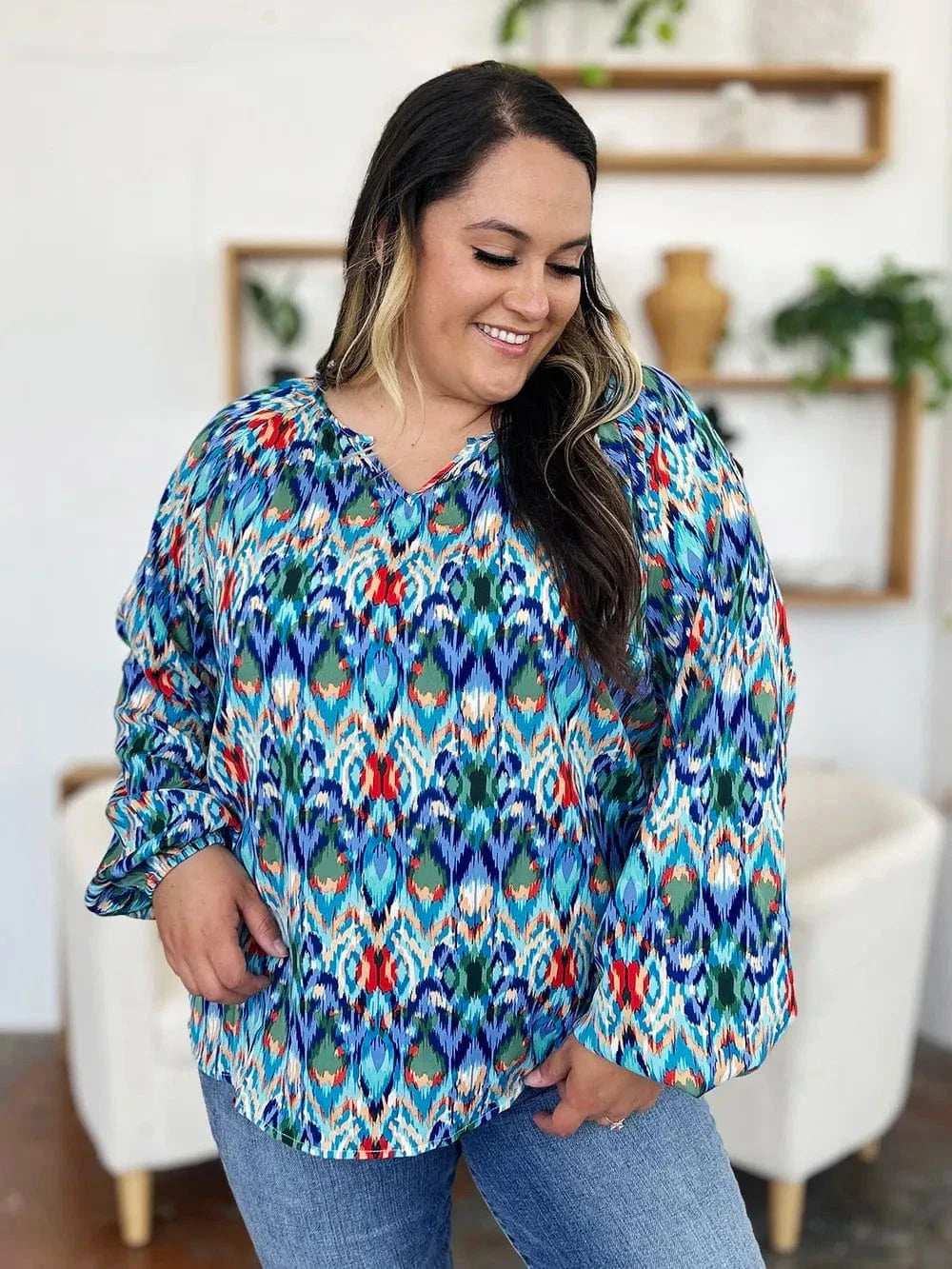 Double Take Full Size Printed Balloon Sleeve Blouse - Trendsi - Flyclothing LLC
