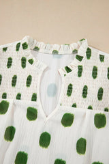 Polka Dot Shirred Yoke Notched Neck Puff Sleeve Blouse - Trendsi - Flyclothing LLC
