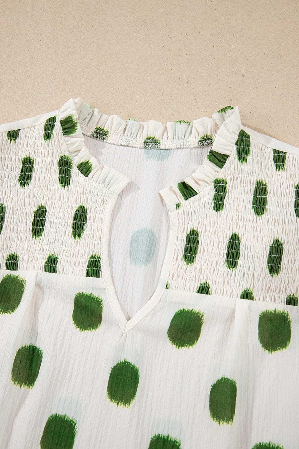 Polka Dot Shirred Yoke Notched Neck Puff Sleeve Blouse - Trendsi - Flyclothing LLC
