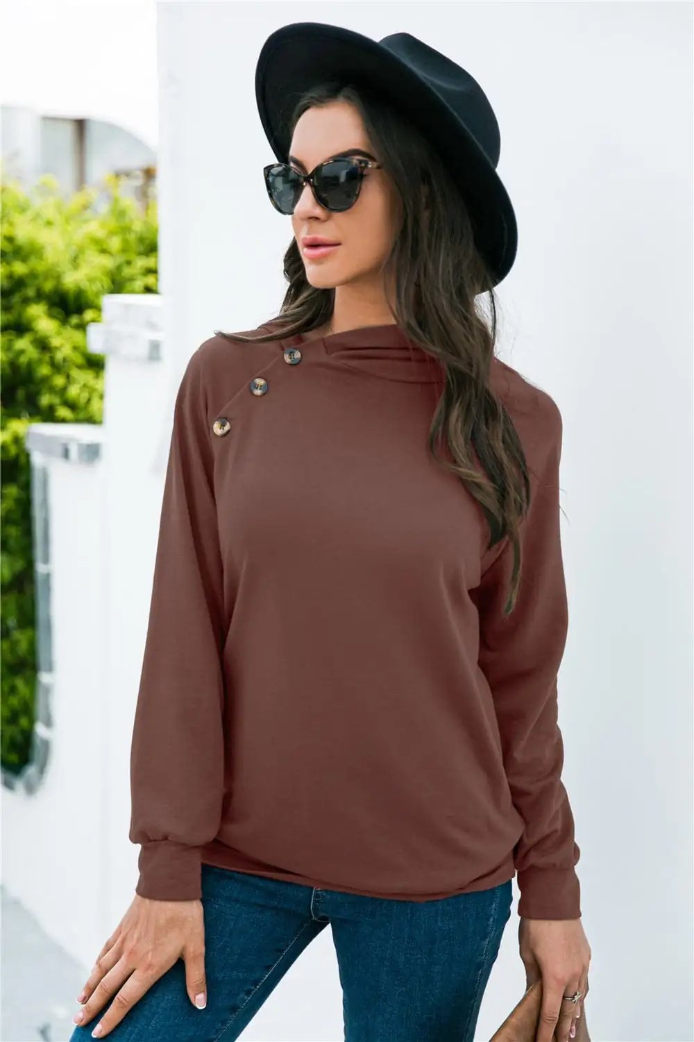 Decorative Button Long Sleeve Sweatshirt - Trendsi