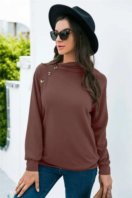 Decorative Button Long Sleeve Sweatshirt - Trendsi - Flyclothing LLC