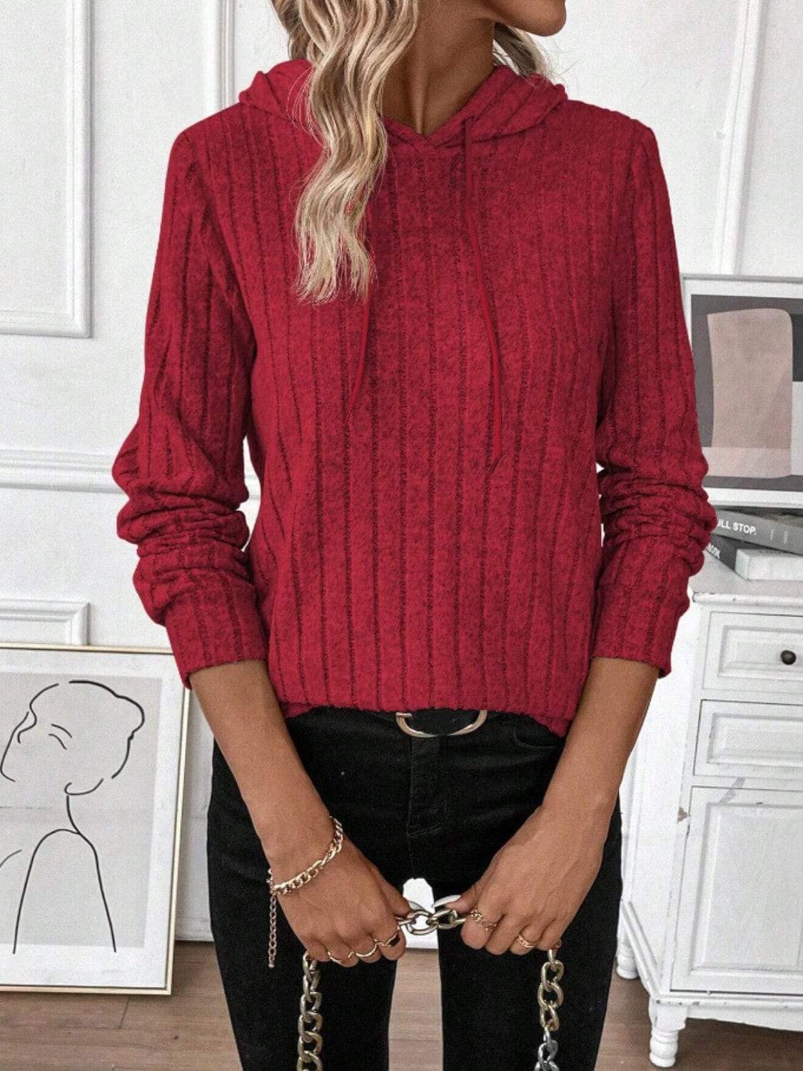 Drawstring Ribbed Long Sleeve Hoodie - Trendsi - Flyclothing LLC