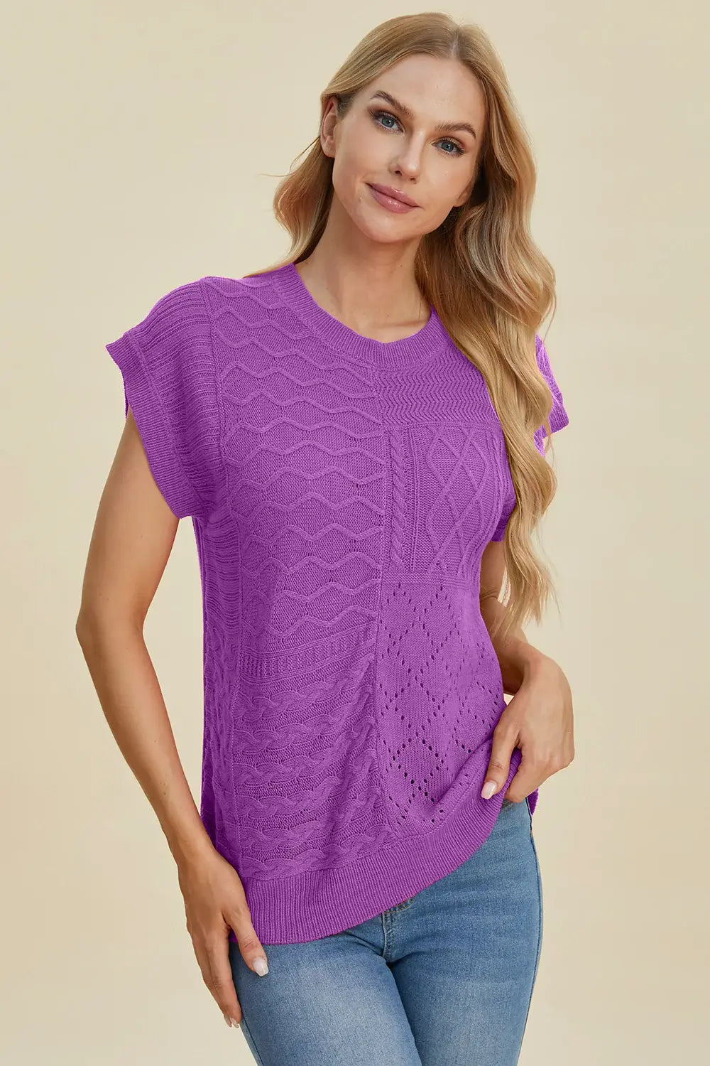Double Take Full Size Cable-Knit Round Neck Cap Sleeve Sweater - Trendsi - Flyclothing LLC
