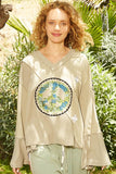 POL Peace Embroidered Exposed Seam Back Ruffle V-Neck Top - Trendsi