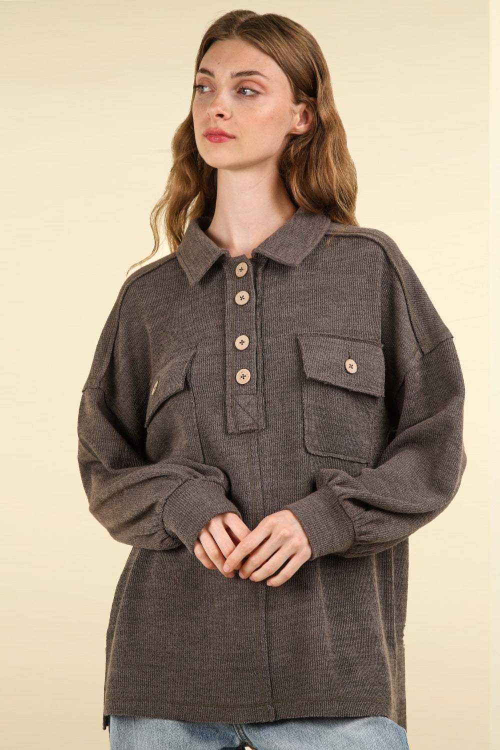 VERY J Collared Half Button Knit Top with Pockets - Trendsi - Flyclothing LLC
