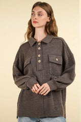 VERY J Collared Half Button Knit Top with Pockets - Trendsi - Flyclothing LLC