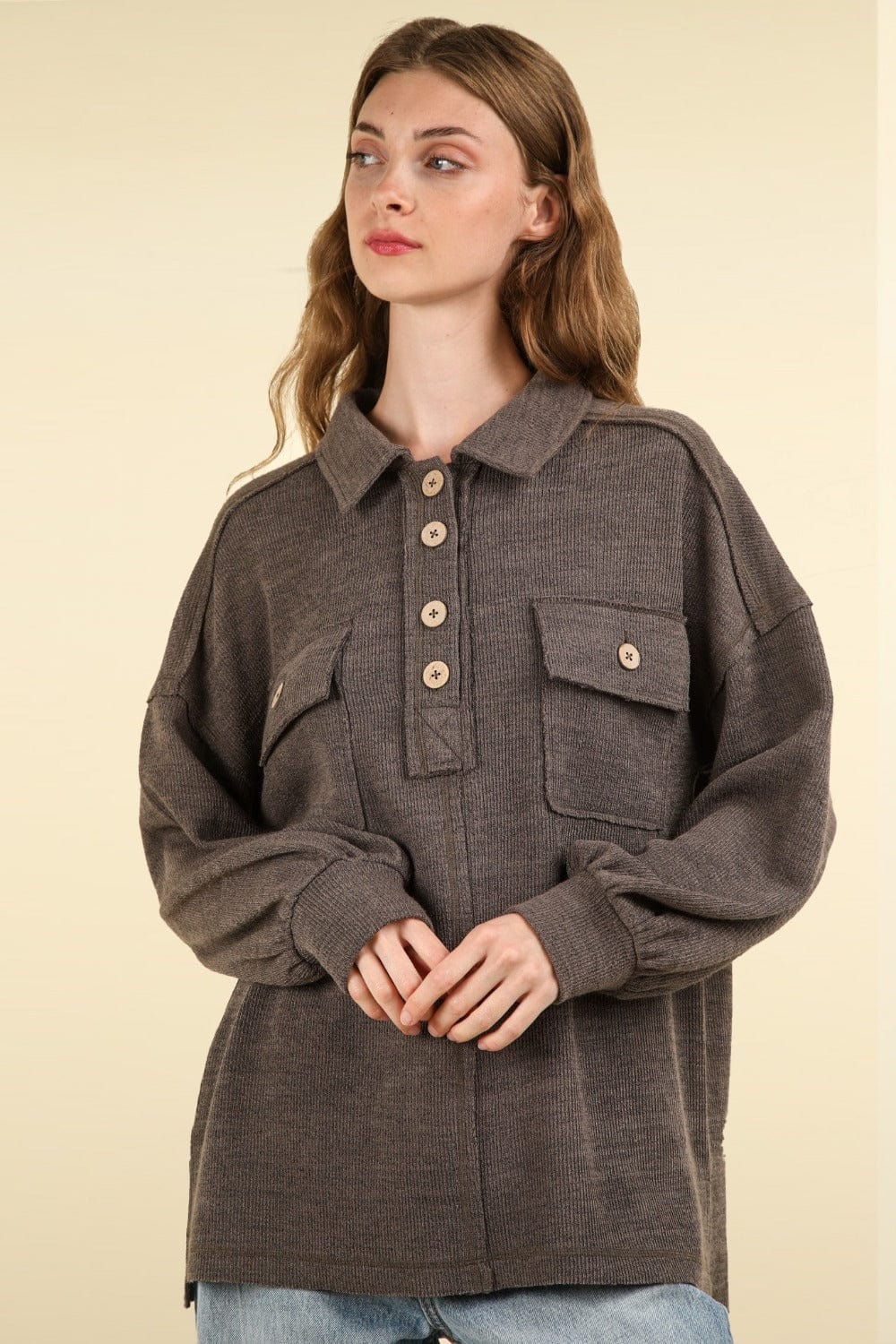 VERY J Collared Half Button Knit Top with Pockets - Trendsi