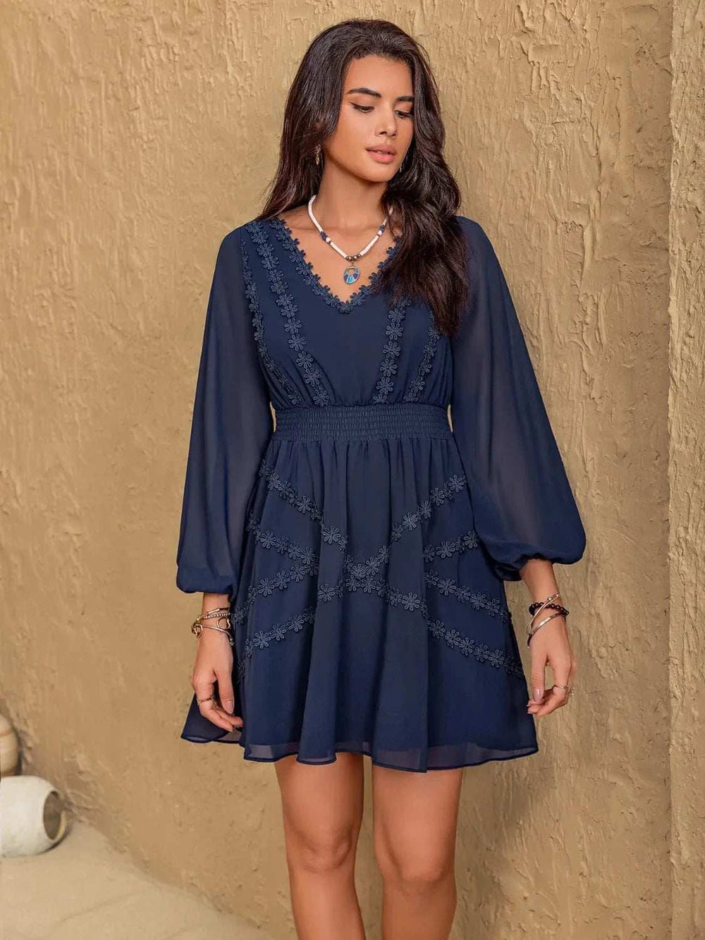 Lace Detail V-Neck Balloon Sleeve Mini Dress - Trendsi - Flyclothing LLC